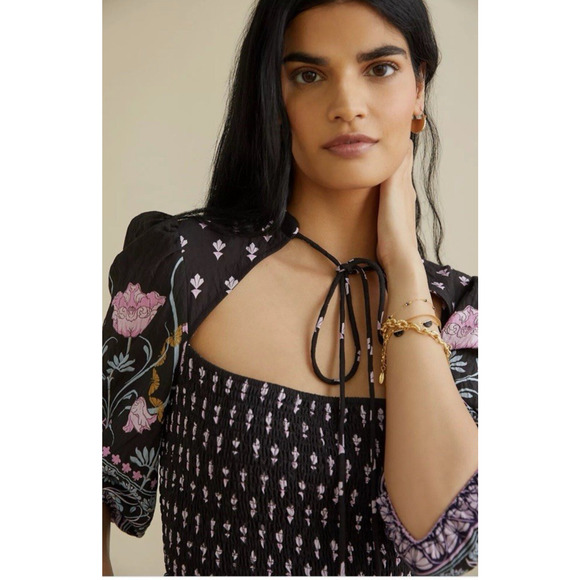 NEW Anthropologie Smocked Black Floral Midi Dress Short Sleeve Size Small $180 - Picture 4 of 14